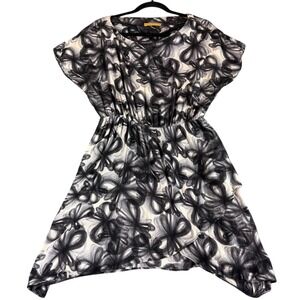Alice Olivia Black White Floral Print Elastic‎ Waist Short Sleeve Dress M